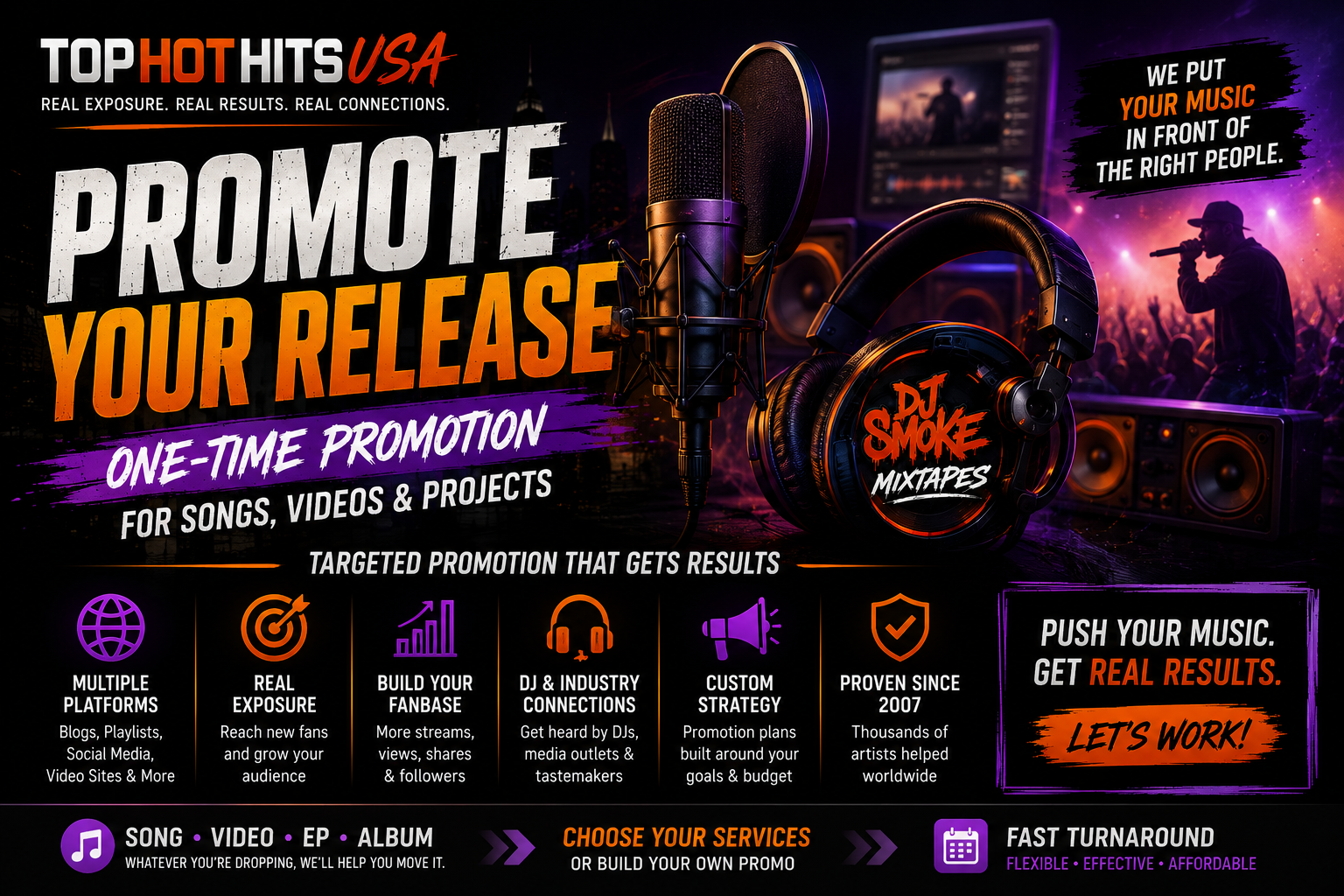 One-time music promotion for singles videos EPs and albums