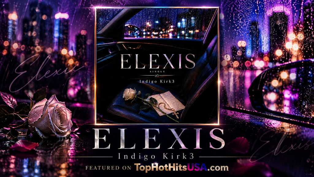Cover art for the single 'Elexis' by Indigo Kirk3 featuring a rose and a notepad in a car, with city lights visible through a rain-streaked window.