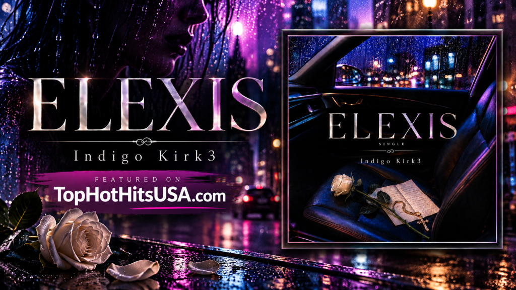 Album cover for 'ELEXIS' by Indigo Kirk3, featuring a close-up of a woman's face with wet hair, a rose, and a piece of paper on a leather car seat, in a rain-soaked urban setting.